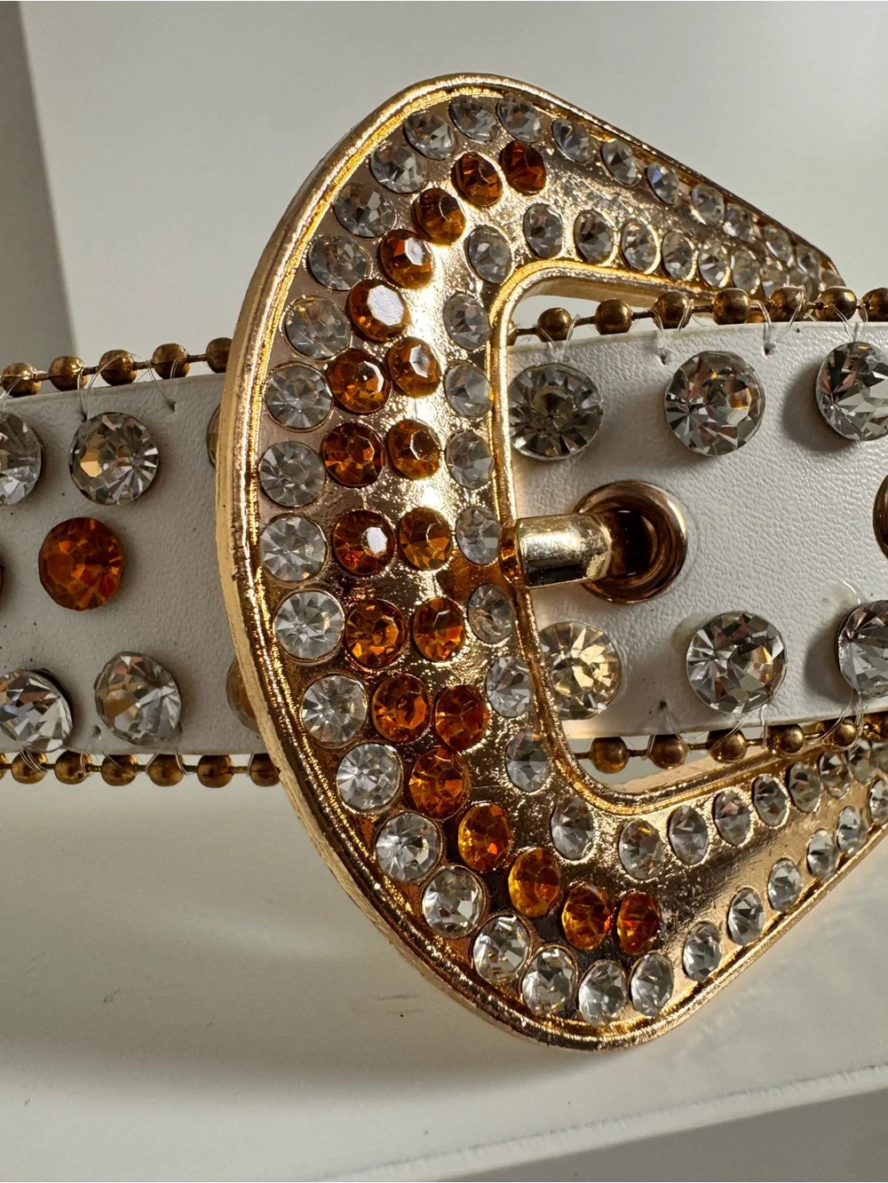 New/In Box White Crystal-Embellished Belt with Gold Buckle